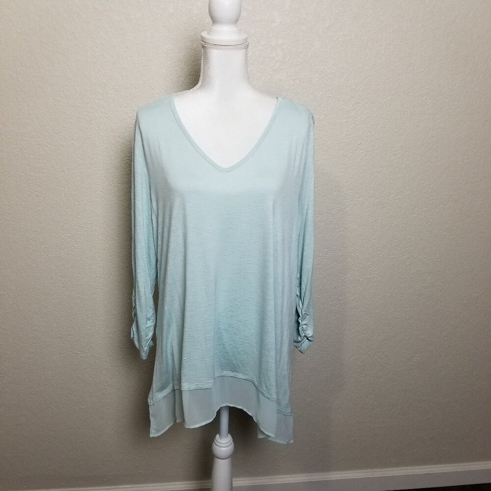 Style & Co Women's 3/4 Ruched Sleeve Chiffon Hem Top. Color: Mint - Size: XL NWT